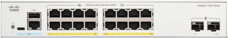 Cisco Catalyst 1300 16-Port Gigabit Ethernet + 2xSFP (120W PoE+) Advanced Security Managed Switch (C1300-16P-2G-UK/NE-1316P2G)