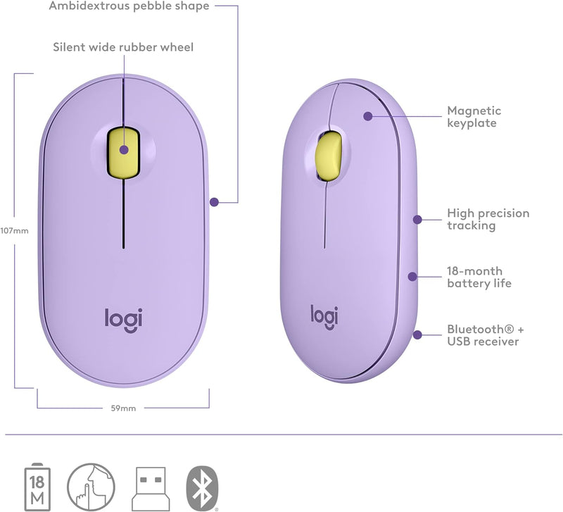 Logitech PEBBLE M350 Wireless Mouse Slim Silent Wireless Bluetooth Mouse - Lavender Lemonade Star Twilight Purple 910-006666 Original Licensed 