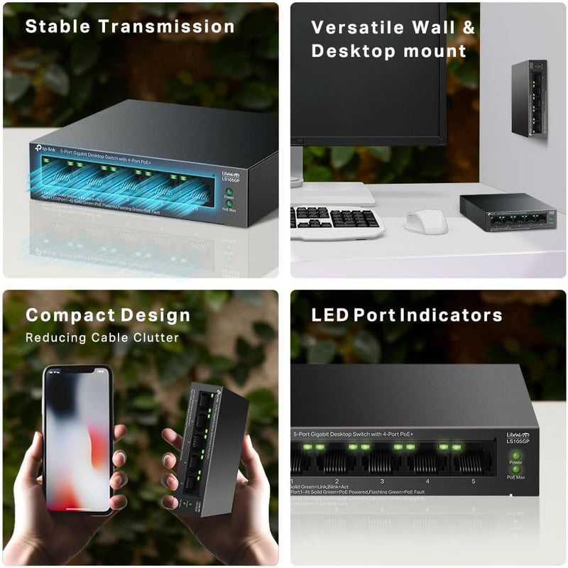 TP-Link LS105GP 5-Port Gigabit Desktop Switch with 4-Port PoE+ (TP-NE-LS105GP) 