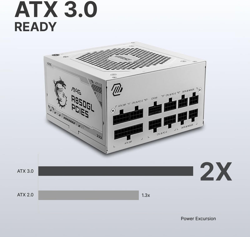 MSI 850W MAG A850GL White 白色 PCIE 5.0 ATX 3.0 80Plus Gold Full Modular Power Supply (PS-MPA85GW)