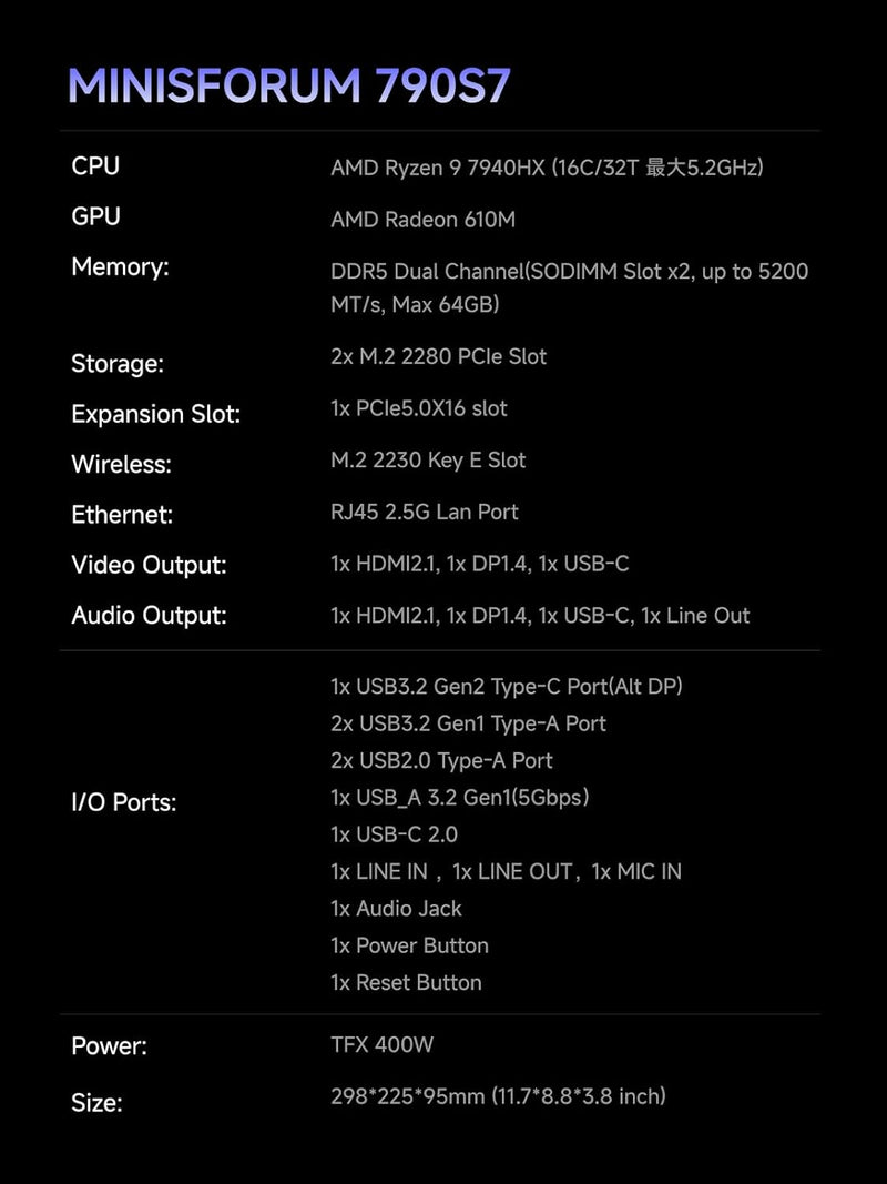 [最新產品] Minisforum BS-M790S7 790S7 Mini Tower Gaming Barebone (AMD Ryzen 9 7940HX / 2xDDR5 SODIMM Slots / 2xPCIe4.0 SSD Slots / 2.5G Lan)