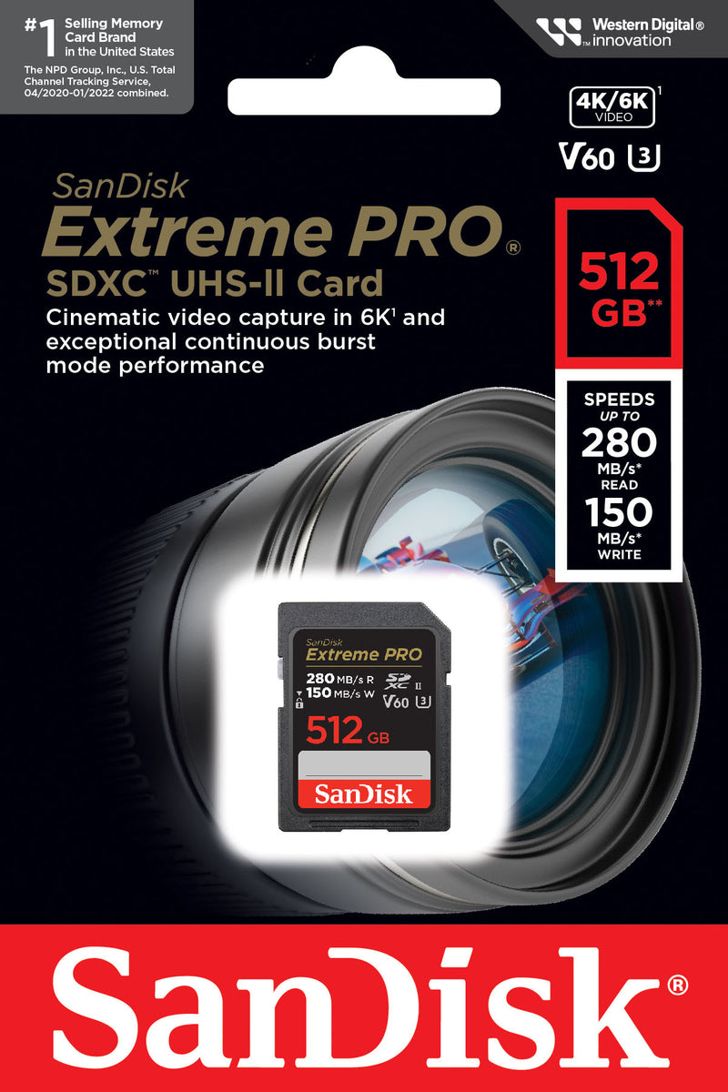 SanDisk 512GB Extreme Pro SD Card (CL10 V60 UHS-II U3 6K 280MB/s) SDSD