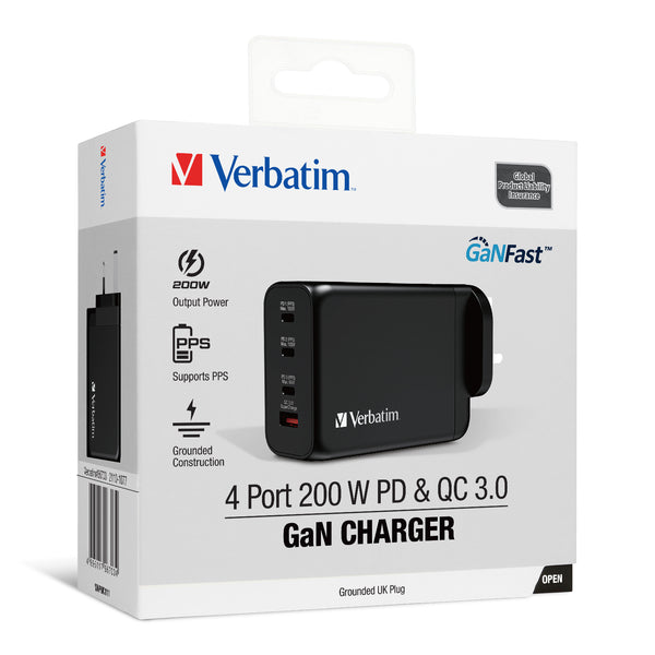 Verbatim 4 Port GAN PD3.0 200W PD &amp; QC3.0 USB Wall Charger 66703