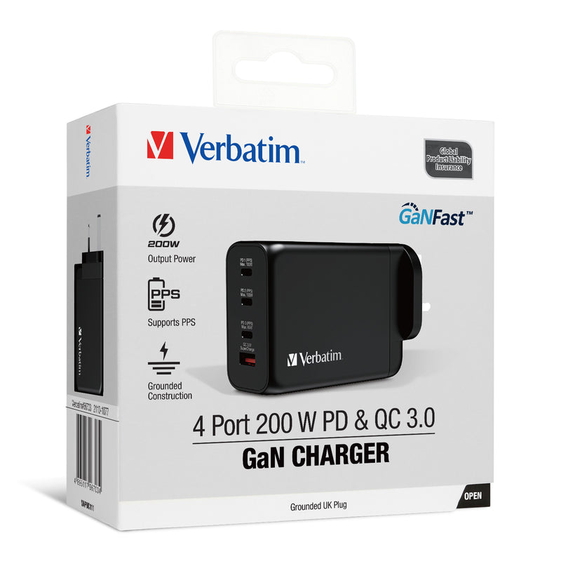 Verbatim 4 Port GAN PD3.0 200W PD & QC3.0 USB 牆插充電器 66703