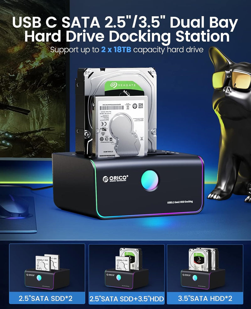 ORICO 2-bay Type-C 10Gbps HDD Docking Station with Auto-Sleep Offline Clone [8828C3-C]