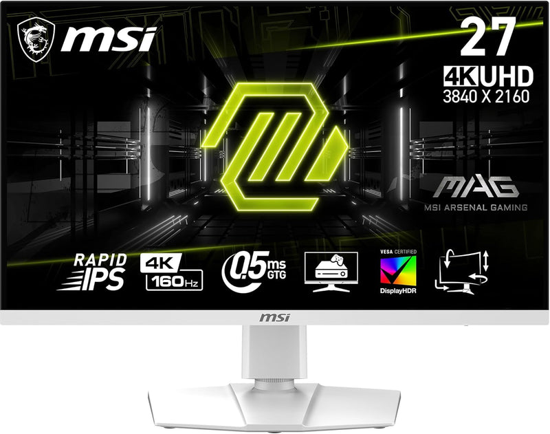 MSI 27" MAG274URFW 160Hz 4K UHD Rapid IPS (16:9) Gaming Monitor (HDMI2.1) (White) Adjustable Lift (MO-MA27URW) 