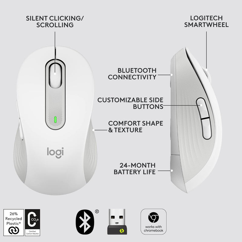 Logitech Signature M650 Silent Wireless Mouse Silent Wireless Mouse-Pearl White Pearl White 910-006261 Original licensed product 