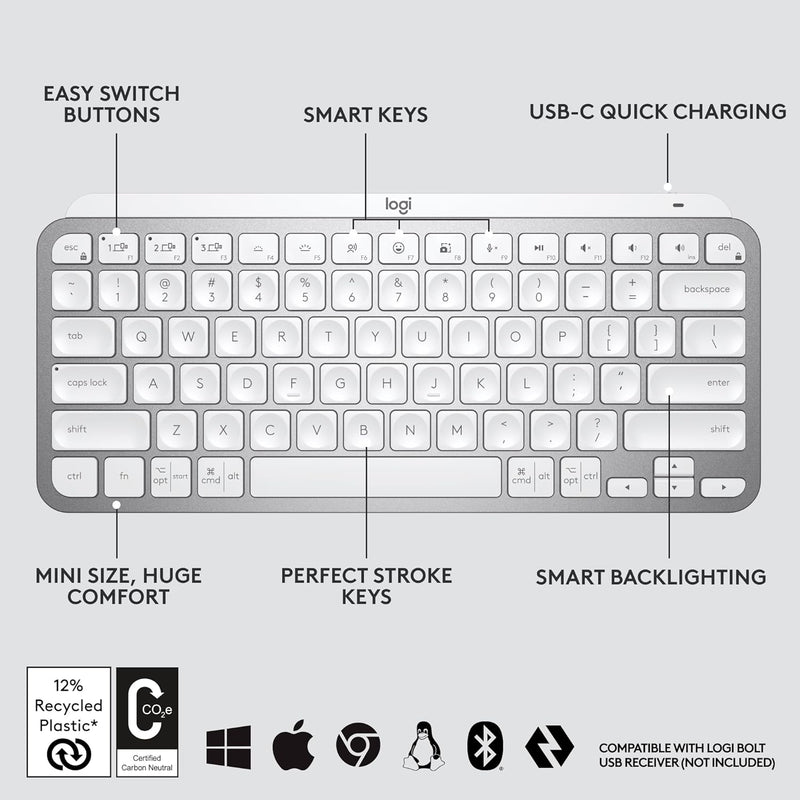 Logitech MX KEYS Mini Smart Wireless Keyboard (English Version) - Light Gray 920-010506 Original licensed product 
