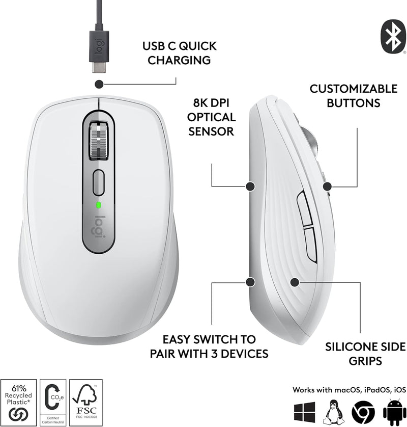 Logitech MX Anywhere 3S Wireless Mouse Compact and efficient wireless mouse - Light Gray Light Gray 910-006936 Original licensed product