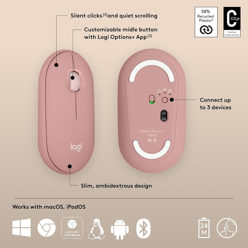Logitech Pebble Mouse 2 M350s Slim Bluetooth Wireless Mouse Slim Silent Wireless Bluetooth Mouse - Rose Pink Rose Pink 910-006987 Original licensed product