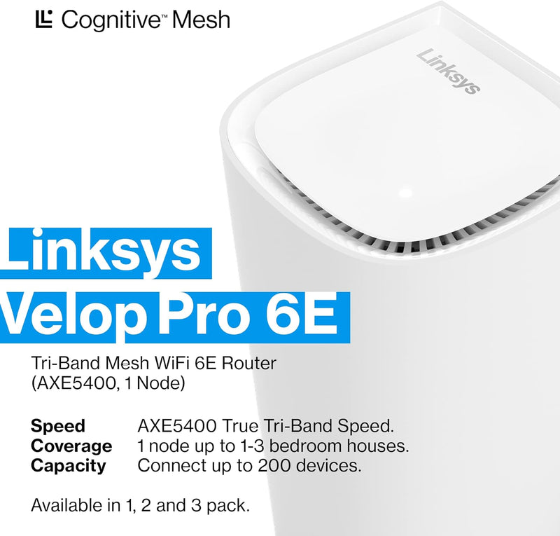 Linksys Velop Pro 6E Tri-Band Mesh WiFi 6E Router (1-pack) MX6201-AH (3 years) 