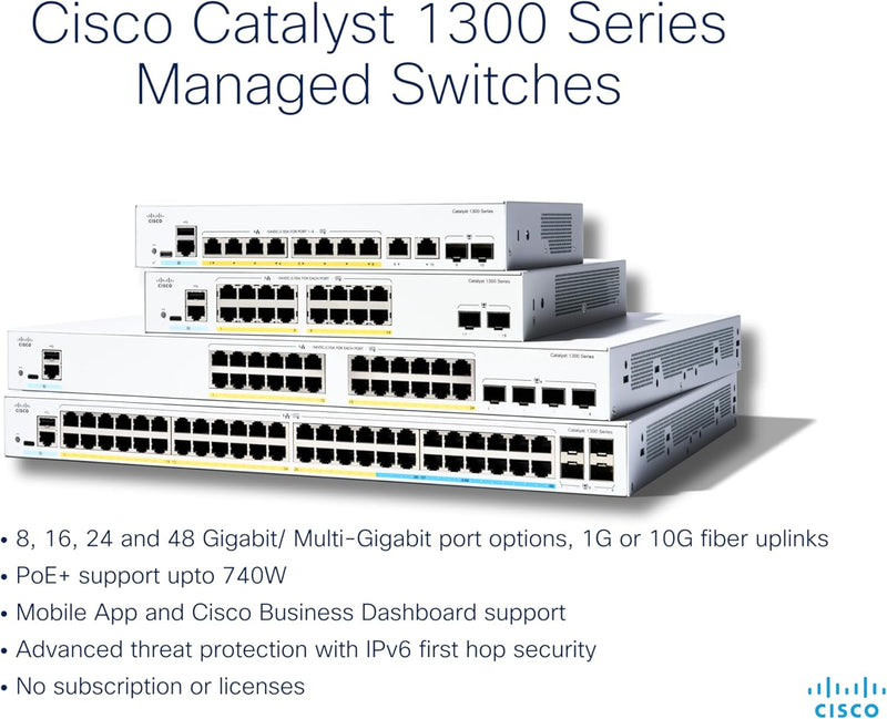 [Latest Product] Cisco Catalyst 1300 48-Port Gigabit Ethernet + 4x10Gb SFP+ (375W PoE+) Advanced Security Managed Switch (C1300-48P-4X-UK/NE-1348P4X) 