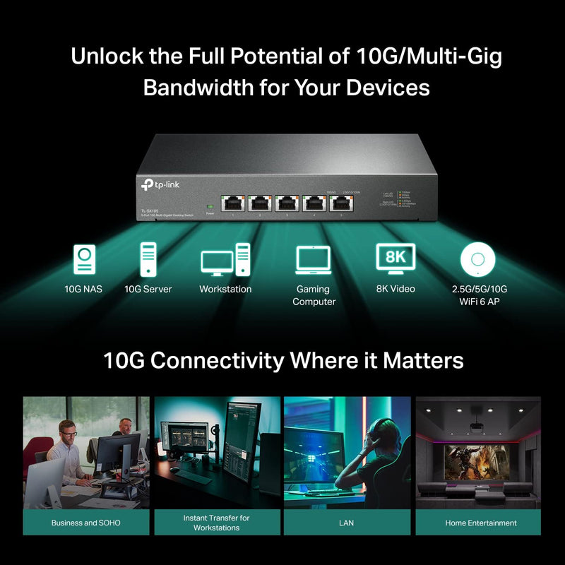 TP-Link TL-SX105 5-Port 10G Multi-Gigabit Unmanaged Ethernet Gaming Desktop / Wall-Mount Switch