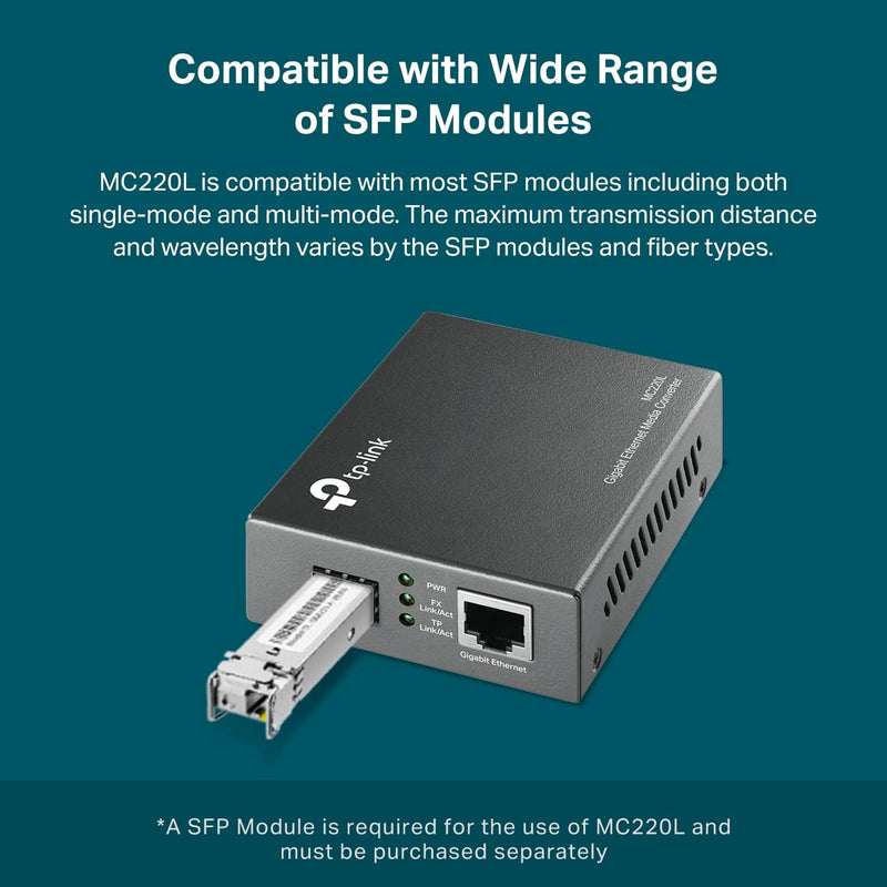 TP-Link MC220L 10/100/1000 Mbps RJ45 to 1000 Mbps SFP Slot Supporting MiniGBIC Modules (TP-NE-MC220L)