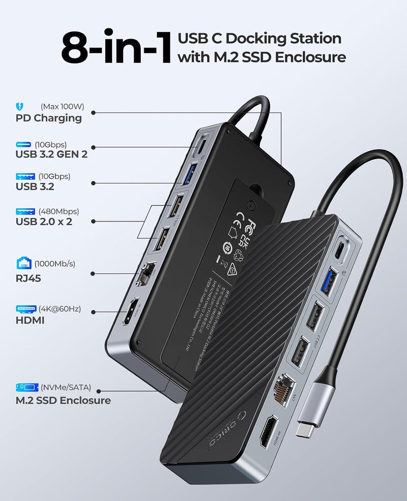 ORICO 8-in-1 Multifunctional Docking Station With M.2 NVMe/NGFF SSD Enclosure OM28PR