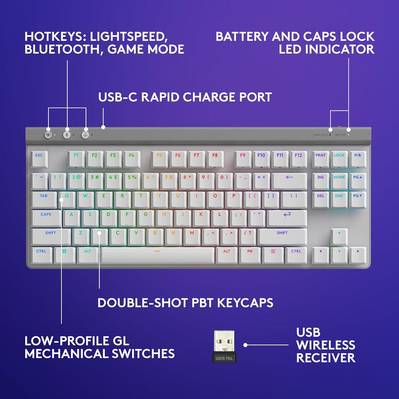 Logitech G515 Lightspeed TKL RGB 無線機械鍵盤 - White 白色 920-012581 原裝行貨
