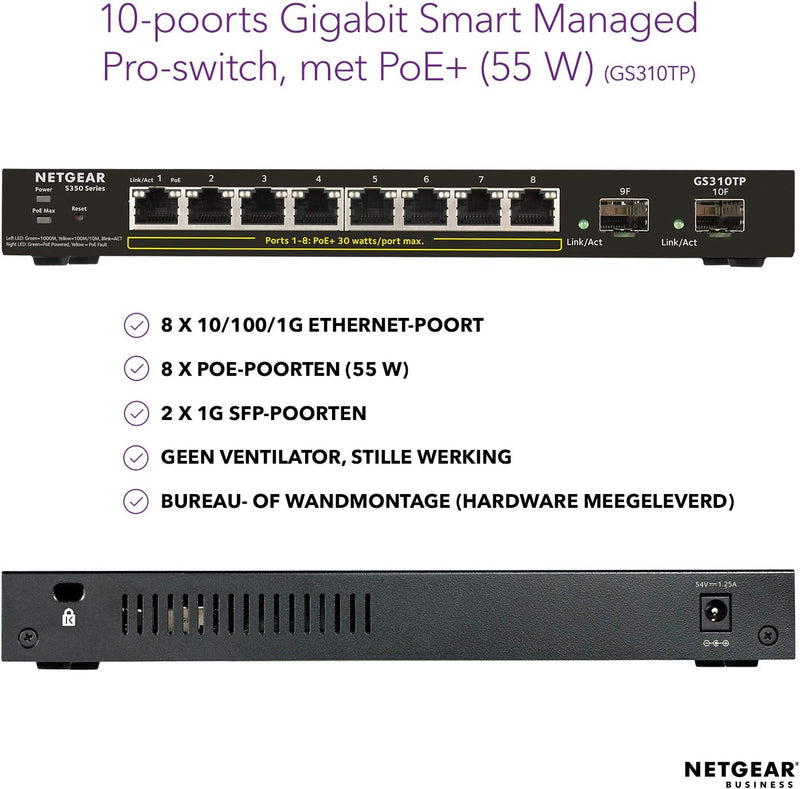 NETGEAR 8-Port Gigabit Ethernet PoE+ Smart Managed Pro Switch with 2 SFP Ports (GS310TP)