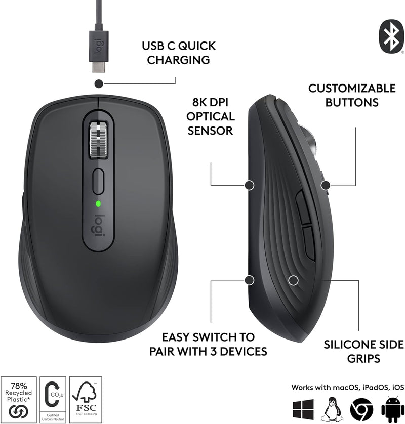 Logitech MX Anywhere 3S Wireless Mouse Compact and efficient wireless mouse - Graphite Graphite Gray 910-006935 Original licensed product