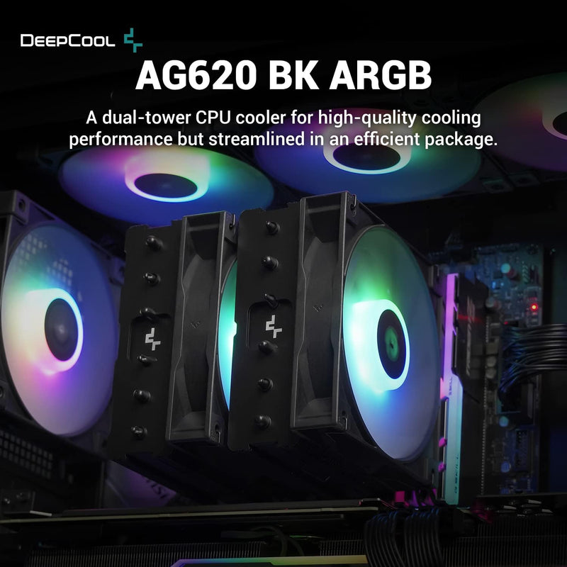 DeepCool AG620 ARGB CPU Cooler, 2 x 120mm Fans, 6 Copper Radiators Black