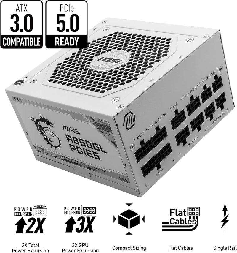 MSI 850W MAG A850GL White 白色 PCIE 5.0 ATX 3.0 80Plus Gold Full Modular Power Supply (PS-MPA85GW)