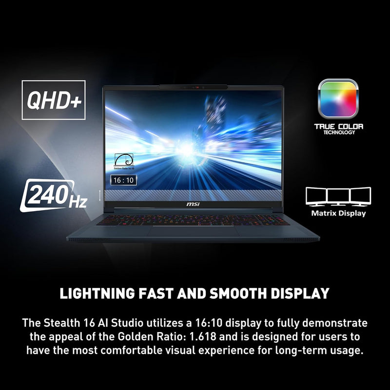 MSI Stealth 16 AI Studio A1VGG 16" QHD+ 240Hz U9-185H/32GB/2TB/RTX4070/Win11 Home Gaming Laptop 