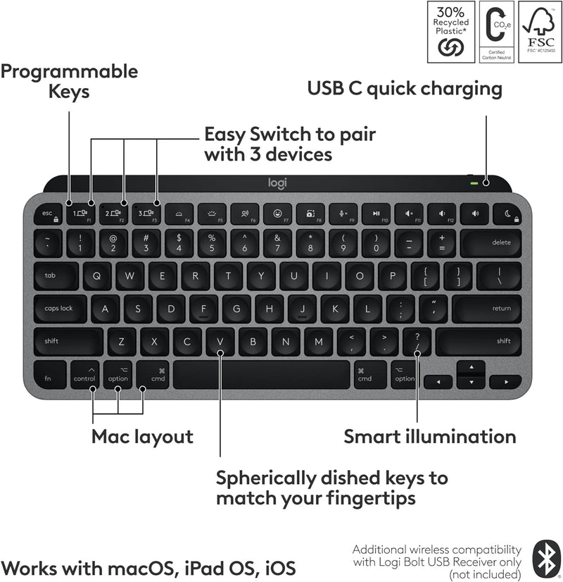 Logitech MX MECHANICAL Mini for Mac Wireless Keyboard 精簡炫光高效鍵盤 (English Version) - Space Gray 太空灰 920-010838 原裝行貨