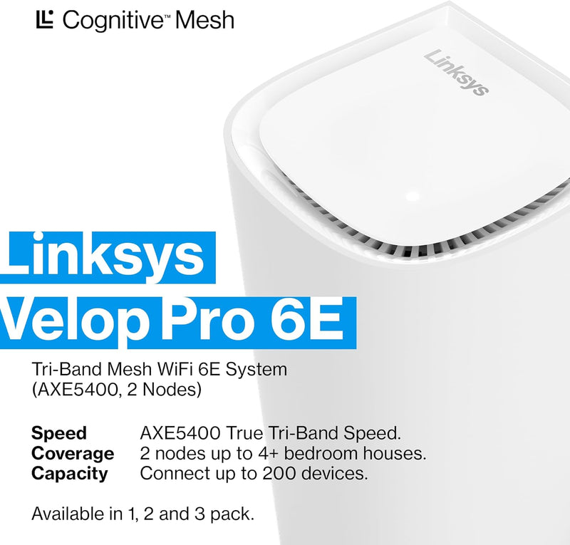 Linksys Velop Pro 6E Tri-Band Mesh WiFi 6E Router (2-pack) MX6202-AH (3 years) 