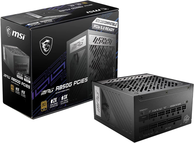 MSI 850W MPG A850G w/Silent Fan Mode PCIE 5.0 ATX 3.0 80Plus Gold Full Modular Power Supply (PS-MPA85G5) 