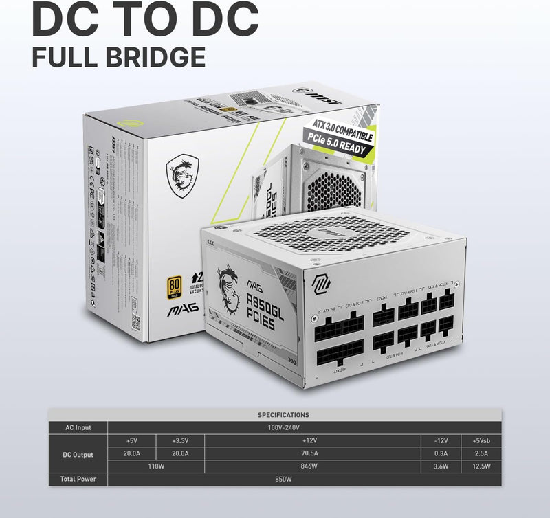 MSI 850W MAG A850GL White 白色 PCIE 5.0 ATX 3.0 80Plus Gold Full Modular Power Supply (PS-MPA85GW)