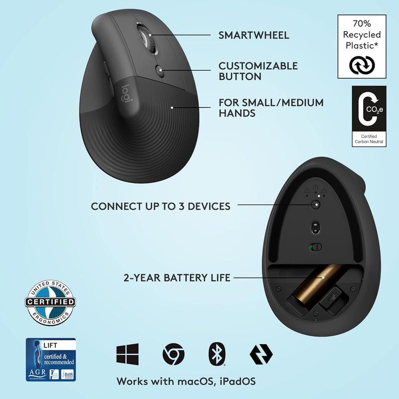 Logitech Lift 人體工學垂直無線滑鼠 - Graphite 石墨灰色