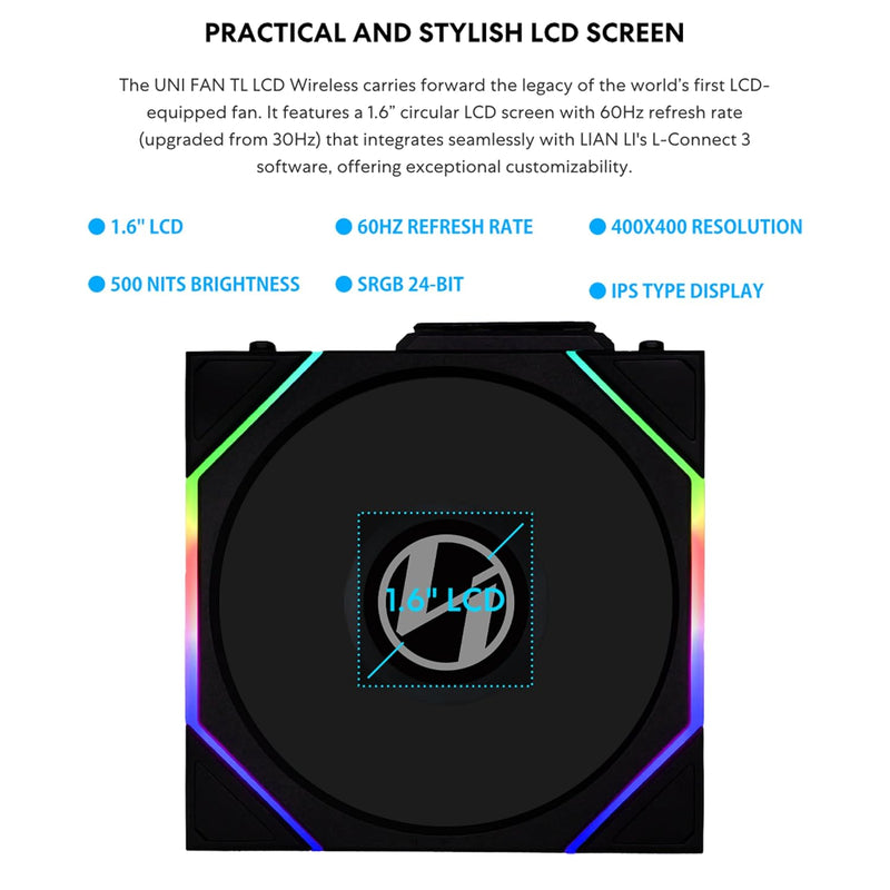 LIAN LI UNI FAN TL Wireless LCD Reverse Blade 反葉 120mm Case Fan - BLACK (12RTLLCD1W1B)