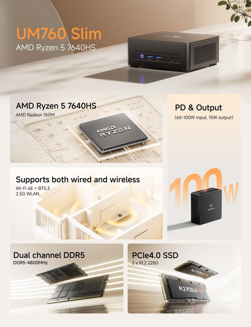 Minisforum CS-MUM760S UM760 Slim Mini PC (AMD Ryzen R5-7640HS / 16GB DDR5 Ram / 1TB SSD / Windows 11) 