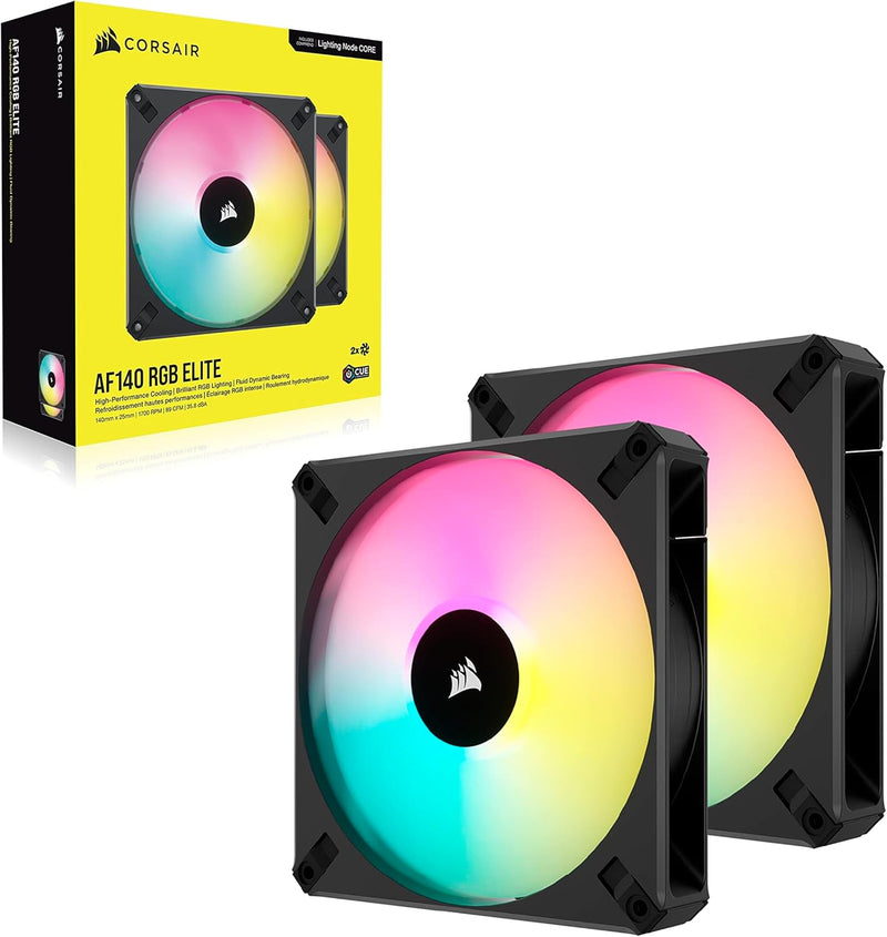 Corsair iCUE AF140 RGB ELITE 140mm PWM Dual Fan Kit with iCUE Lighting Node CORE RGB Controller - Black (Twin Pack) CO-9050156-WW 
