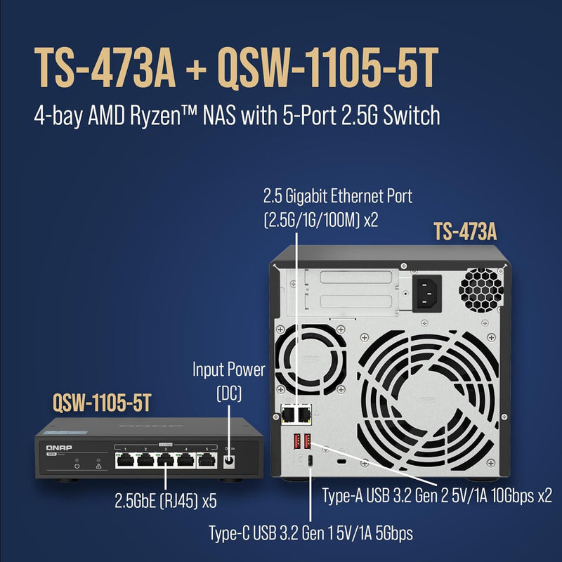 QNAP TS-473A-SW5T TS-473A 配 QSW-1105-5T 2.5G Switch 超值組合包