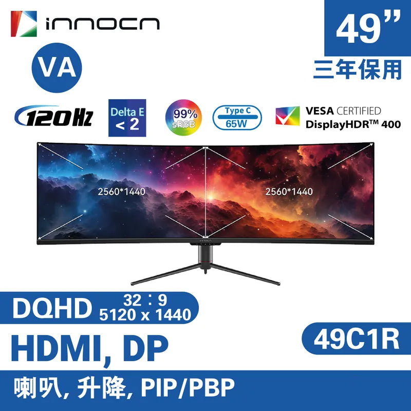 INNOCN 49" 49C1R 120Hz 5120x1440 DFHD VA (32:9) Curved Gaming Monitor (HDMI2.1)