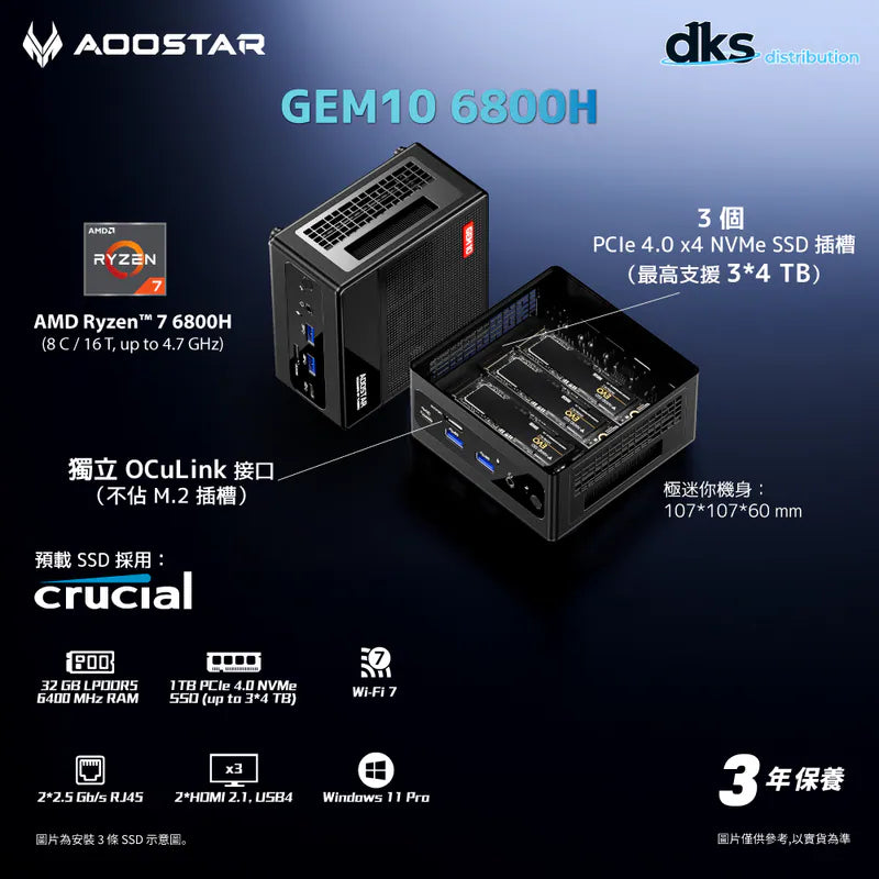 AOOSTAR GEM10 CS-AG1068 Mini PC (AMD Ryzen 7 6800H  / 32GB Ram / 1TB SSD / Windows 11 Pro)