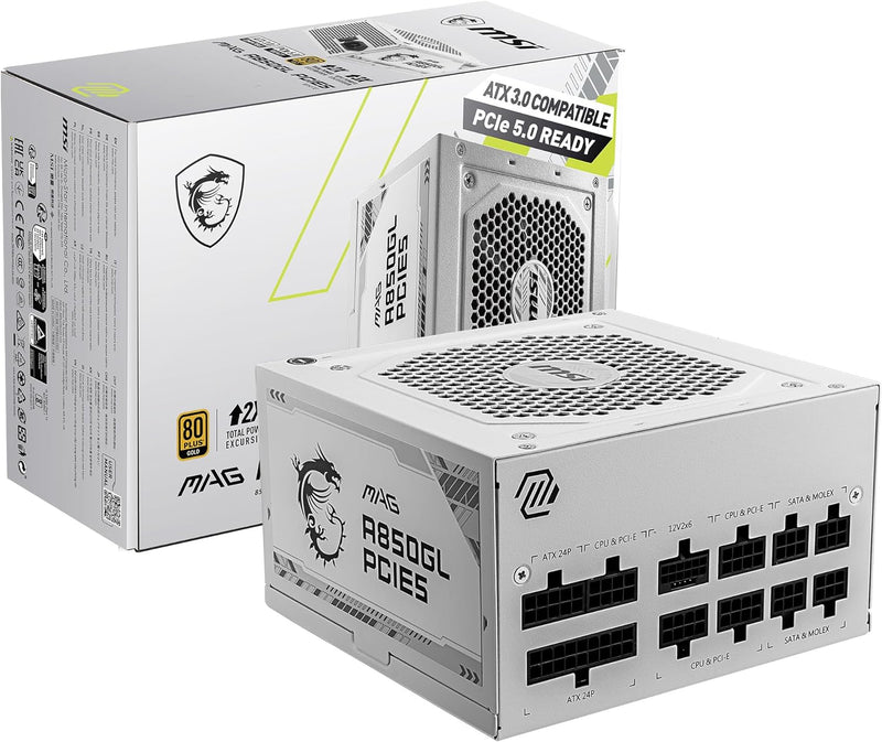 MSI 850W MAG A850GL White 白色 PCIE 5.0 ATX 3.0 80Plus Gold Full Modular Power Supply (PS-MPA85GW)