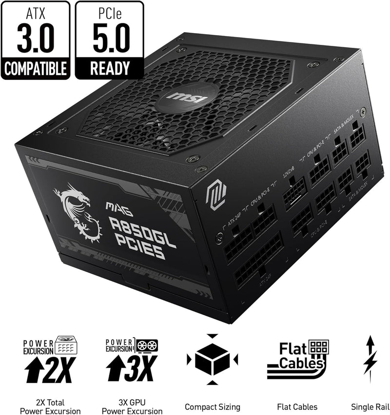 MSI 850W MAG A850GL PCIE 5.0 ATX 3.0 80Plus Gold Full Modular Power Supply (PS-MPA85GL) 