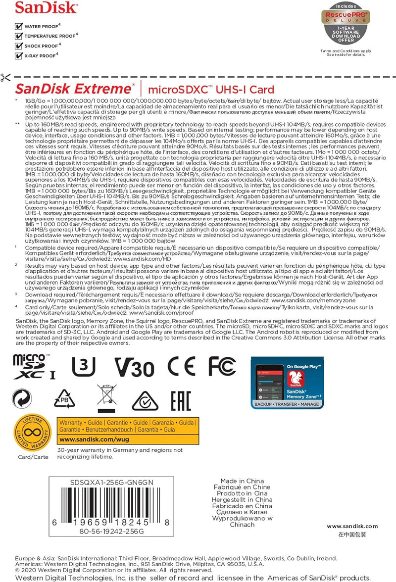 SanDisk 256GB Extreme microSDXC (A2, V30, UHS-I/U3, 190R/130W MB/s) SDSQXAV-256G-GN6MN 772-4524