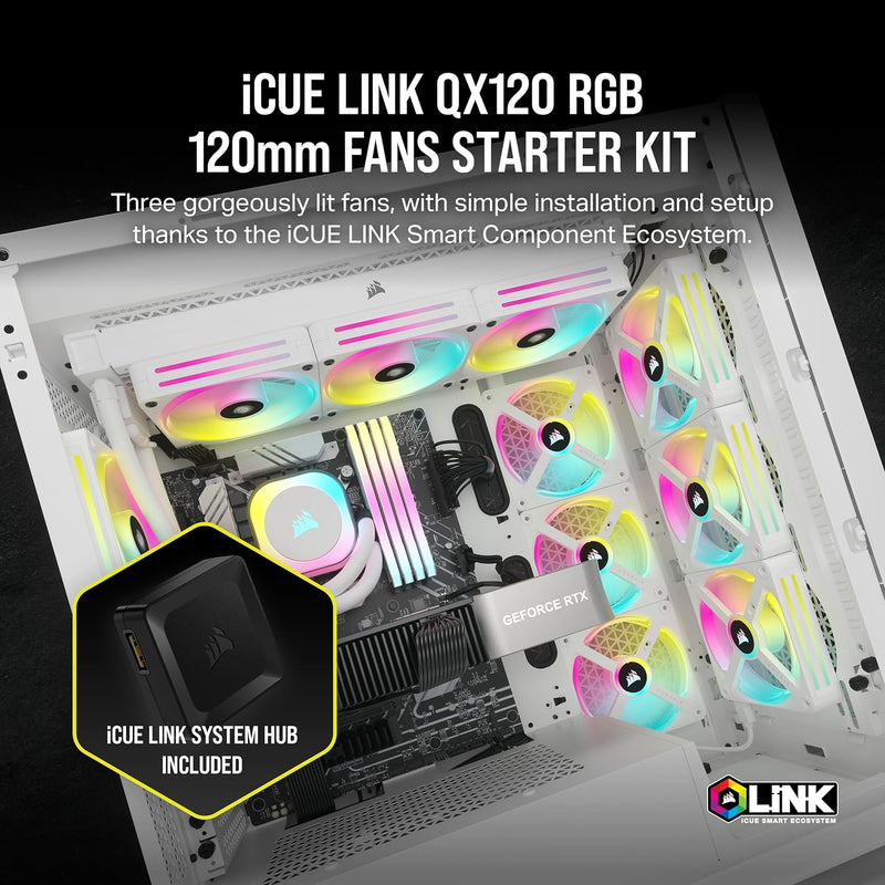 Corsair iCUE LINK QX120 RGB White 120mm PWM PC Case Fan Starter Kit with iCUE LINK System Hub (3-pack) CO-9051006-WW 