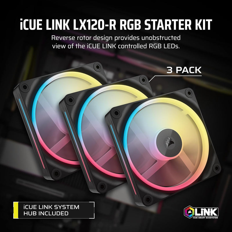 Corsair iCUE LINK LX120-R RGB Starter Kit Black 120mm PWM Reverse PC Case Triple Pack (3件裝) (CO-9051050-WW)