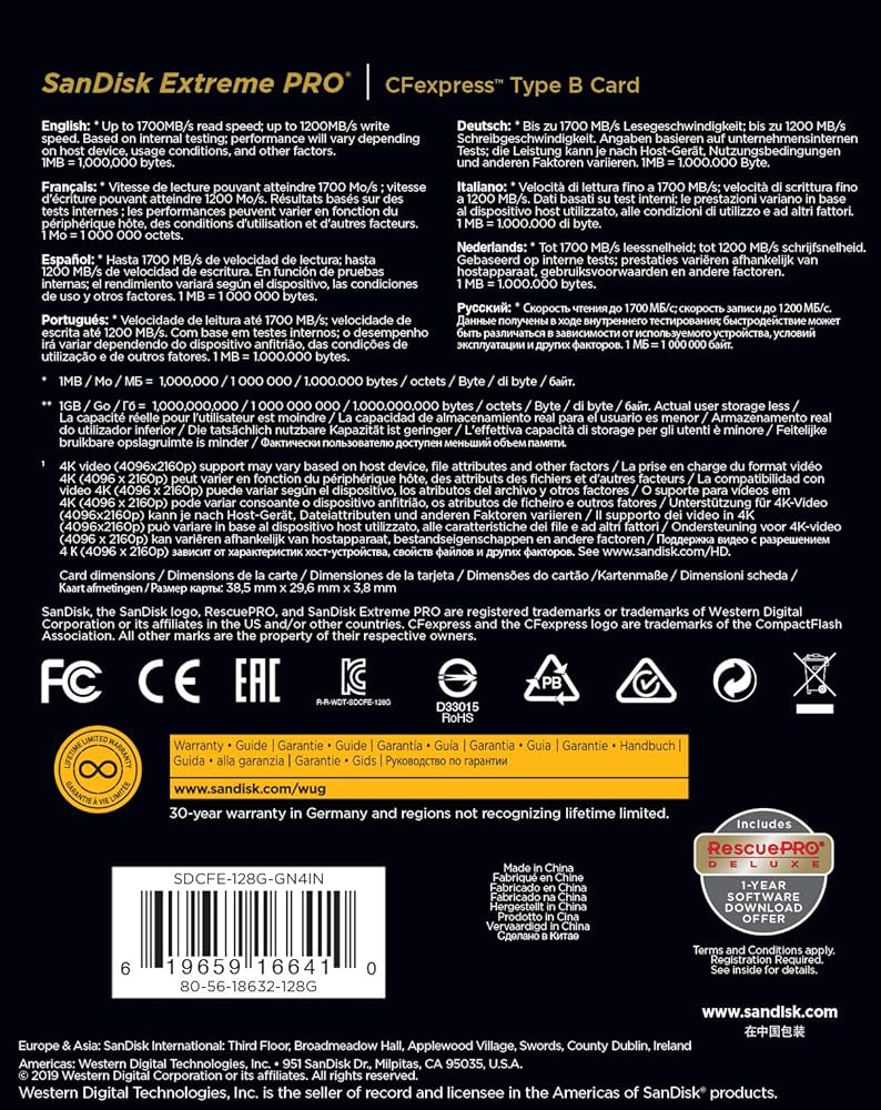 SanDisk 128GB Extreme PRO CFexpress Type B (1700R/1200W MB/s) SDCFE-128G-GN4NN 772-4296