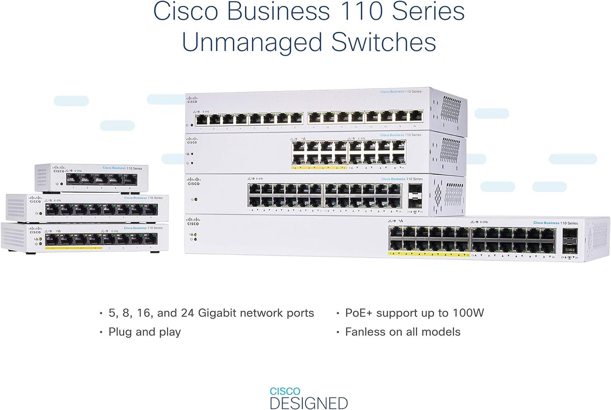 Cisco Business CBS110 16-Port Gigabit (8-Port with PoE, total 64W) PoE