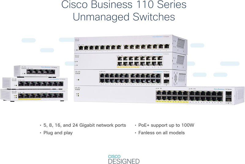 Cisco CBS110 16-Port Gigabit (8-Port with PoE, total 64W) PoE Switch (CBS110-16PP-UK / NE-11016PP) 