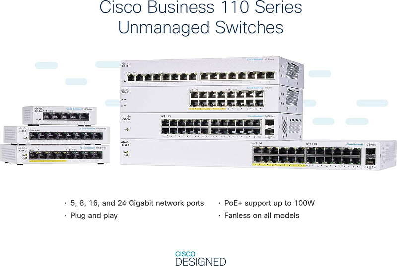 Cisco Business CBS110 24-Port Gigabit (12-Port with PoE, total 100W) + 2-Port Gigabit SFP Uplink (with Network Interface Combo) Unmanaged Switch (CBS110-24PP-UK / NE-11024PP)