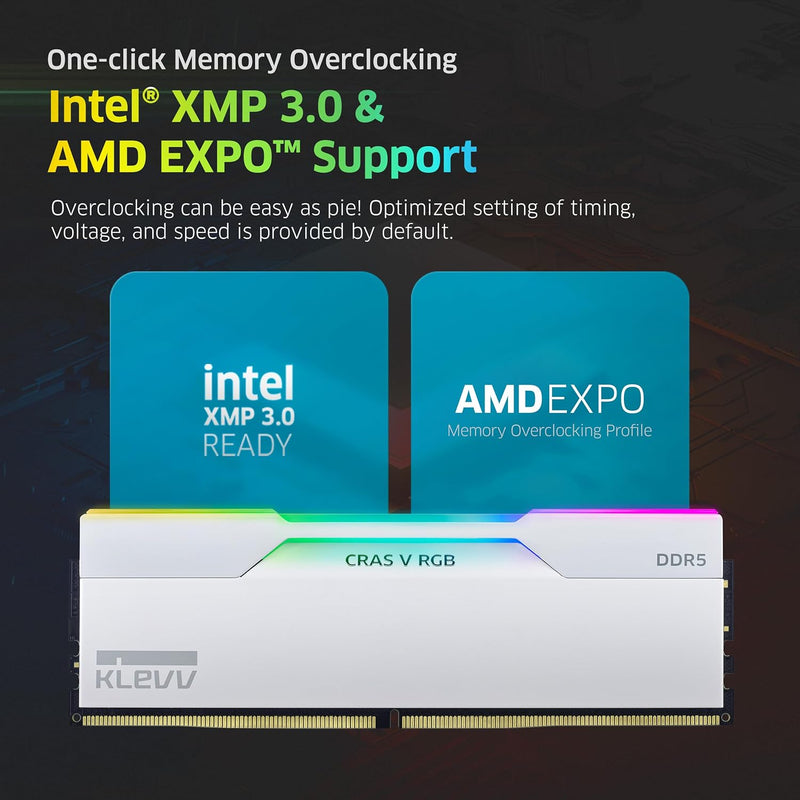 KLEVV CRAS V RGB DDR5 64GB (2x32GB) 6400MHz CL32 1.35V Gaming Desktop Memory SK Hynix Chip XMP 3.0 / AMD Expo Ready - White KD5BGUA80-64A320J 