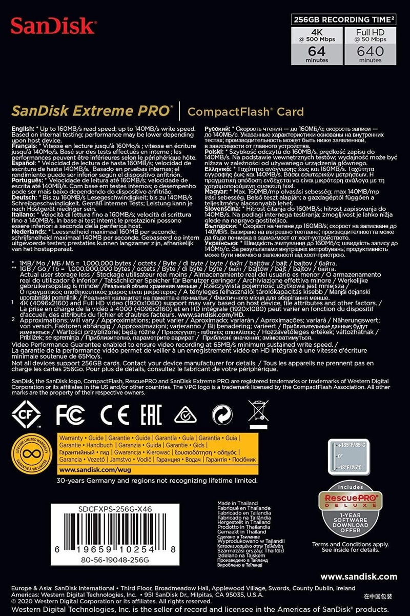 SanDisk 256GB EXTREME PRO CompactFlash (160R/160W MB/s) SDCFXPS-256G-G46 772-3319