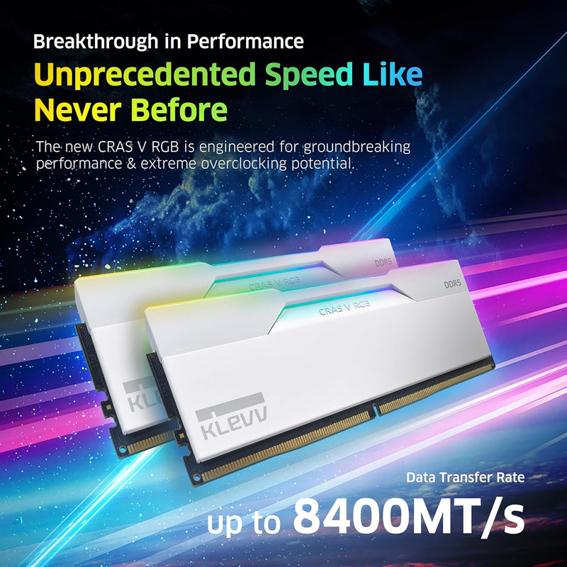 KLEVV CRAS V RGB DDR5 64GB (2x32GB) 6400MHz CL32 1.35V Gaming Desktop Memory SK Hynix Chip XMP 3.0 / AMD Expo Ready - White KD5BGUA80-64A320J 