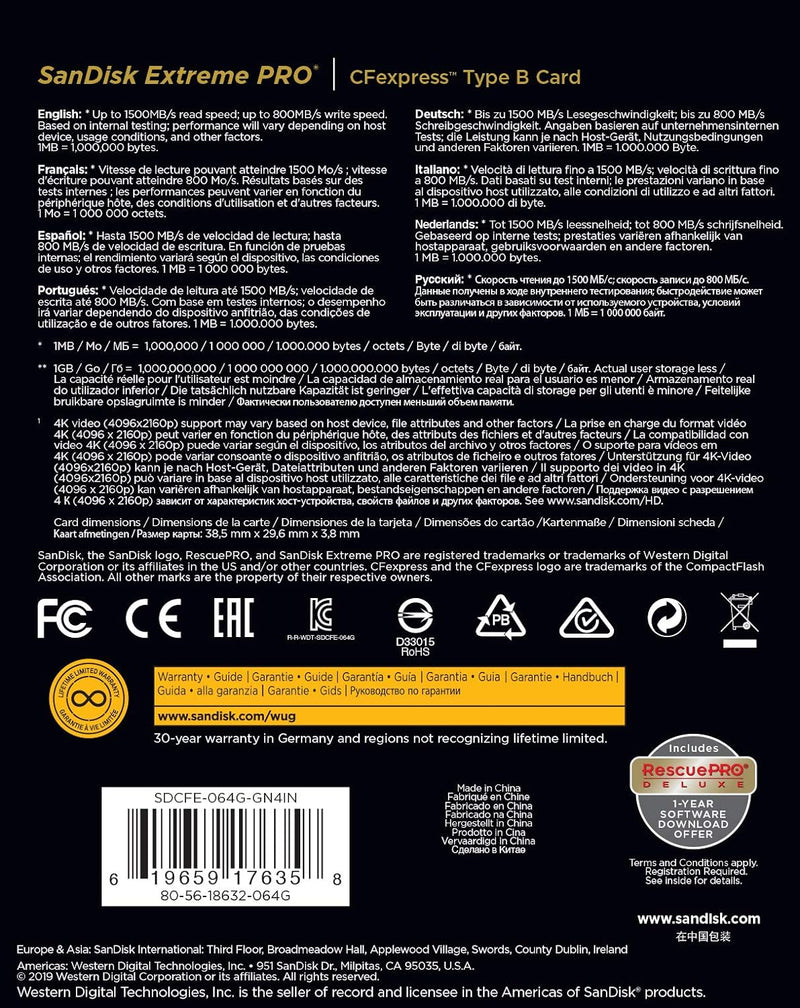 SanDisk 64GB Extreme PRO CFexpress Type B (1500R/800W MB/s) SDCFE-064G-GN4IN 772-4295