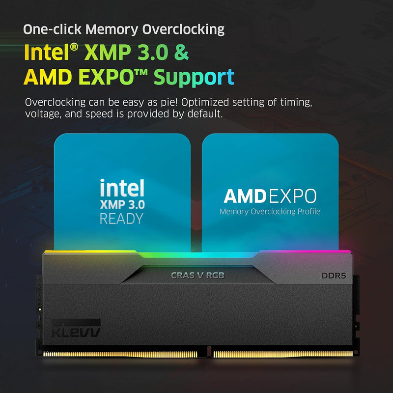 KLEVV CRAS V RGB DDR5 32GB (2x16GB) 6400MHz CL32 1.35V Gaming Desktop Memory SK Hynix Chip XMP 3.0 / AMD Expo Ready - Black KD5AGUA80-64A320G 